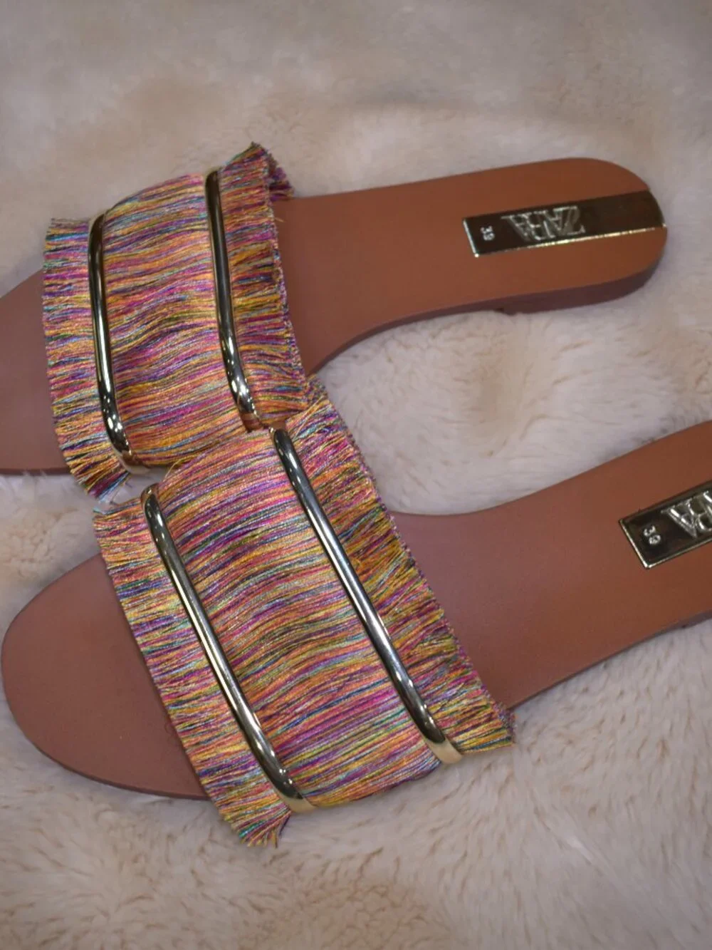 Zara Colorful Fringe Slide Sandals Size 39/8 Boho Summer Vacation Flats - Picture 7 of 12